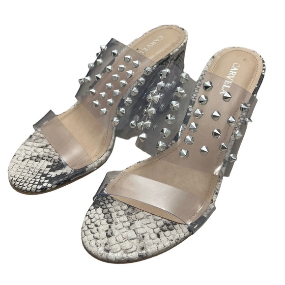 Carvela Made in Brazil Studded Clear Snake Print Block Heel Sandals Size 38 - Picture 4 of 9